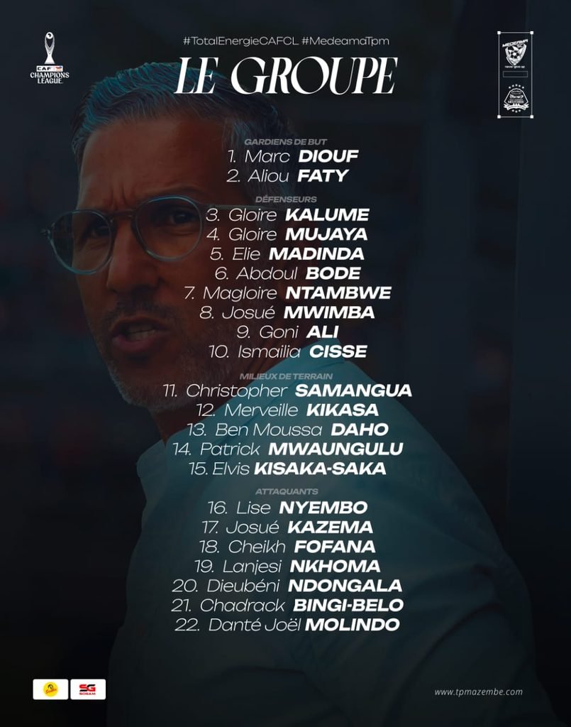 Le TP Mazembe a communiqué la liste des 22 joueurs retenus pour affronter Medeama SC au Ghana, à l’occasion du premier tour préliminaire de la Ligue des champions de la CAF 2026-2027. Les Corbeaux entament leur campagne africaine avec l’ambition de prendre une option avant la manche retour à Lubumbashi.